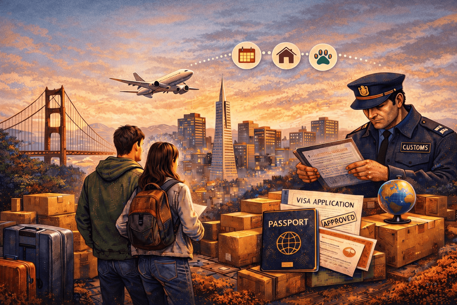 Illustration of a couple with luggage looking at a city skyline, surrounded by moving boxes, passports, and visa documents