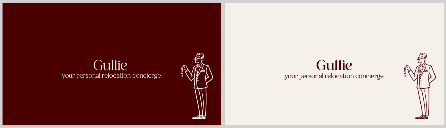 The Gullie concierge, a hand-drawn line illustration of a man in a suit holding a ring of keys, shown on bordeaux and on ivory