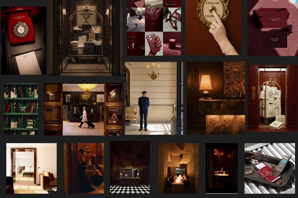 A mood board of hotel lobbies, bellboys, luggage trolleys, brass keys, a red rotary phone, and low-lit dining rooms